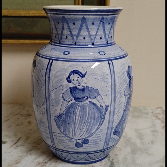 Vintage Mid-Century Villeroy & Boch Mettlach Blue & Ivory Juvenile Scenes Vase - Picture 1 of 14